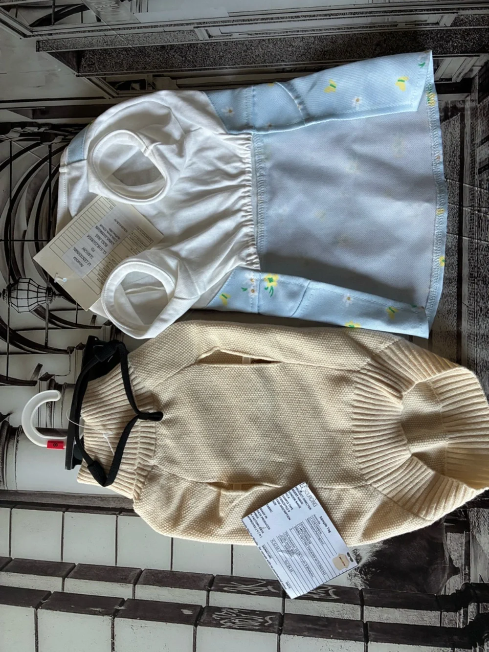 Cream 'HOORAY' Knit Pet Sweater + Light Blue Floral Pinafore Dress Set